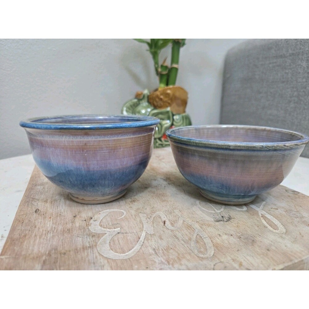 Studio Art Pottery Hand-Thrown Bowls Set of 2 Blue Purple Glaze Signed Shou Mark